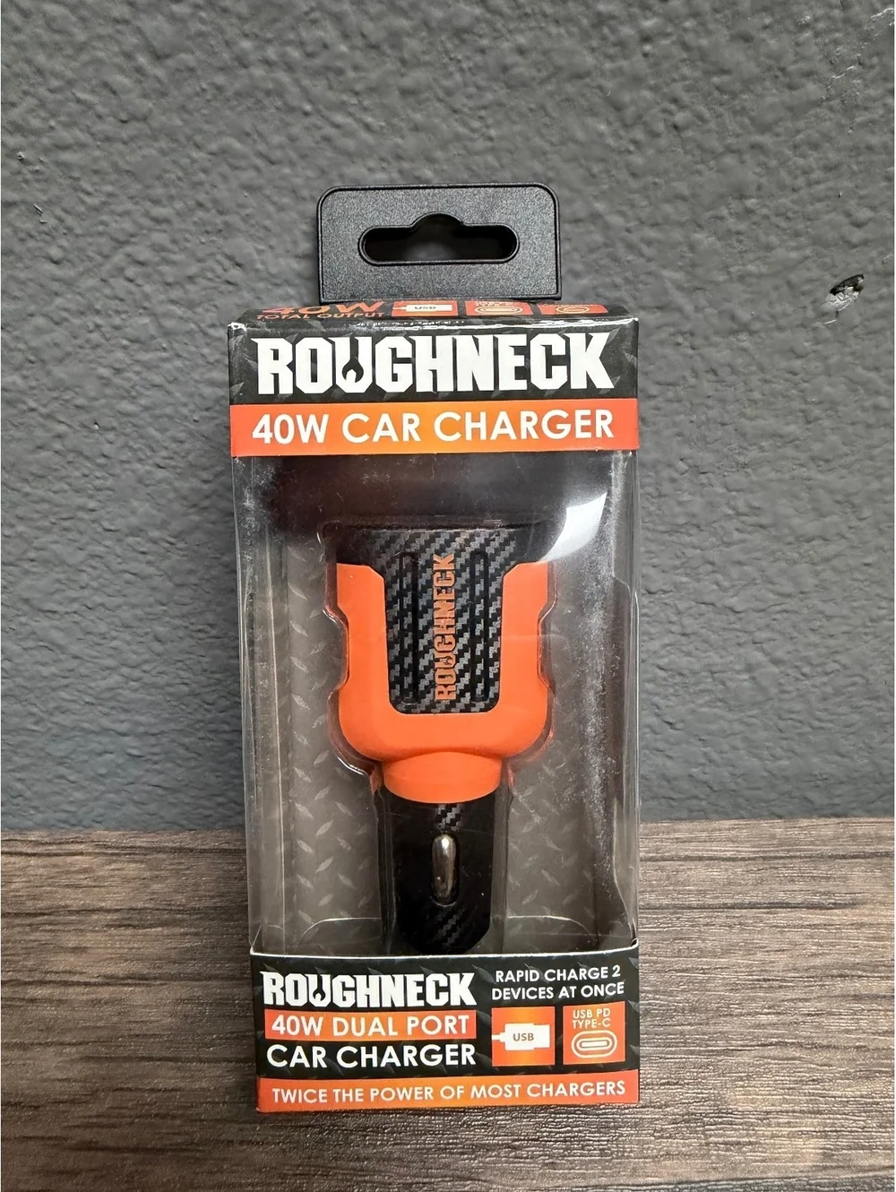 Roughneck 40W Dual Port Car Charger 20W Fast USB-C USB-A Adapter Black Orange